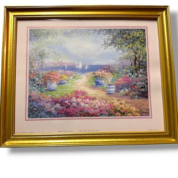 Nora DeBolt 1992 Floral Garden Print Gold Frame 12"x10" Vintage Wall Art - Picture 2 of 9